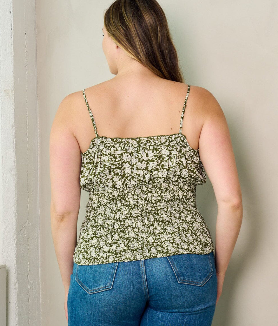 PLUS SIZE SLEEVELESS FRONT TIE FLORAL SMOCK TANK TOP