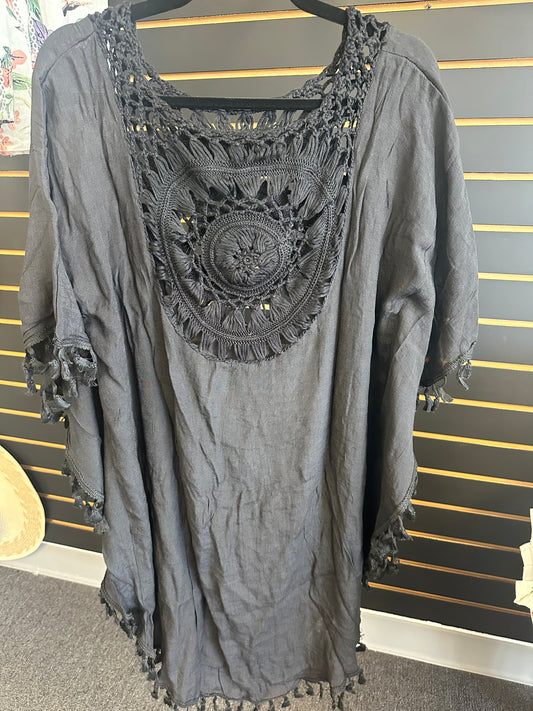 Black long swimsuit cover embroidered