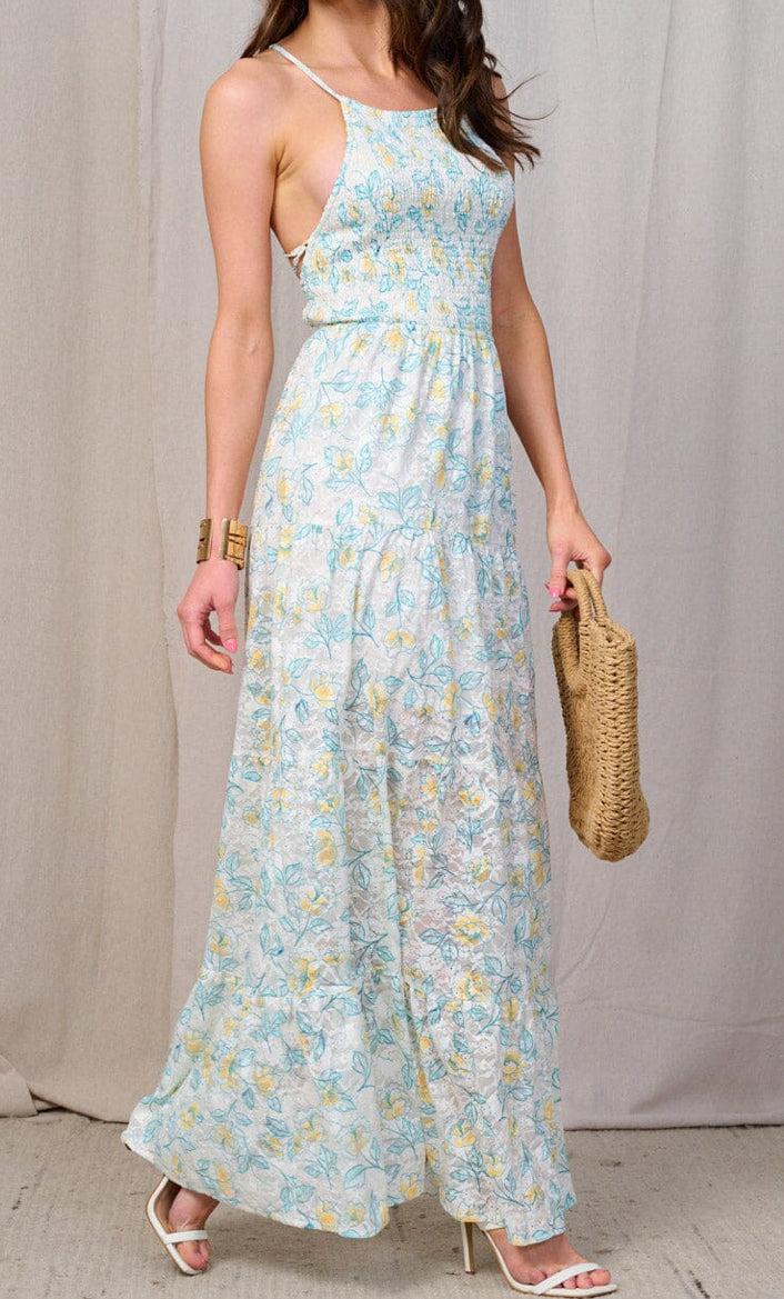 WOMEN'S SLEEVELESS OPEN BACK SMOCK FLORAL MAXI DRESS