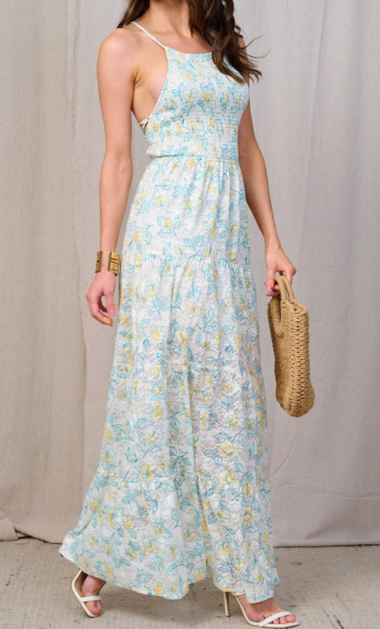 WOMEN'S SLEEVELESS OPEN BACK SMOCK FLORAL MAXI DRESS