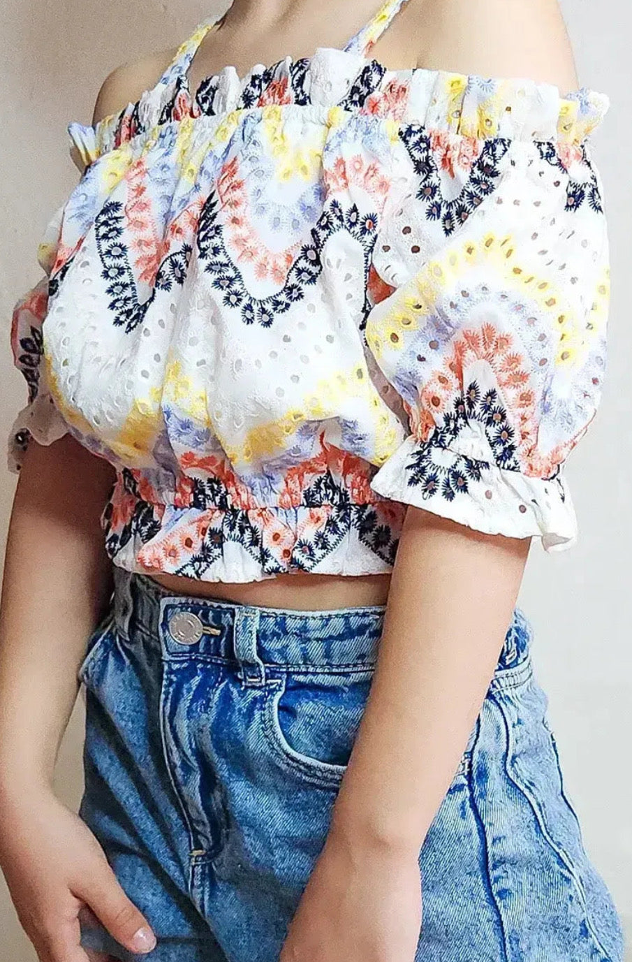 Girl’s rainbow multicolored boho lace shoulder ruffle crop top