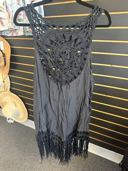 White, black and beige sleeveless embroidered swimsuit covers