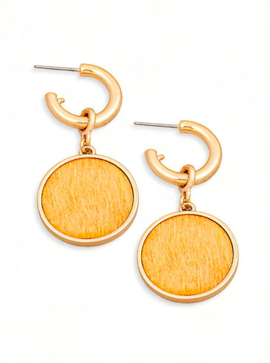 Solid Wooden Disc Round Drop Plated Earrings