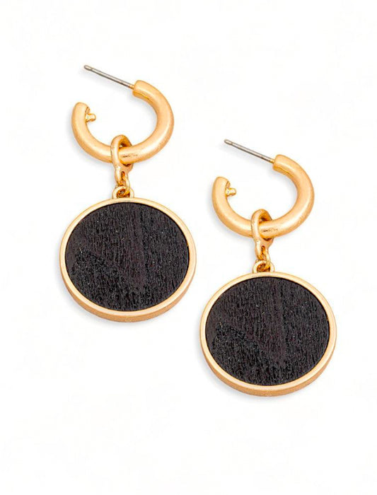 Solid Wooden Disc Round Drop Plated Earrings