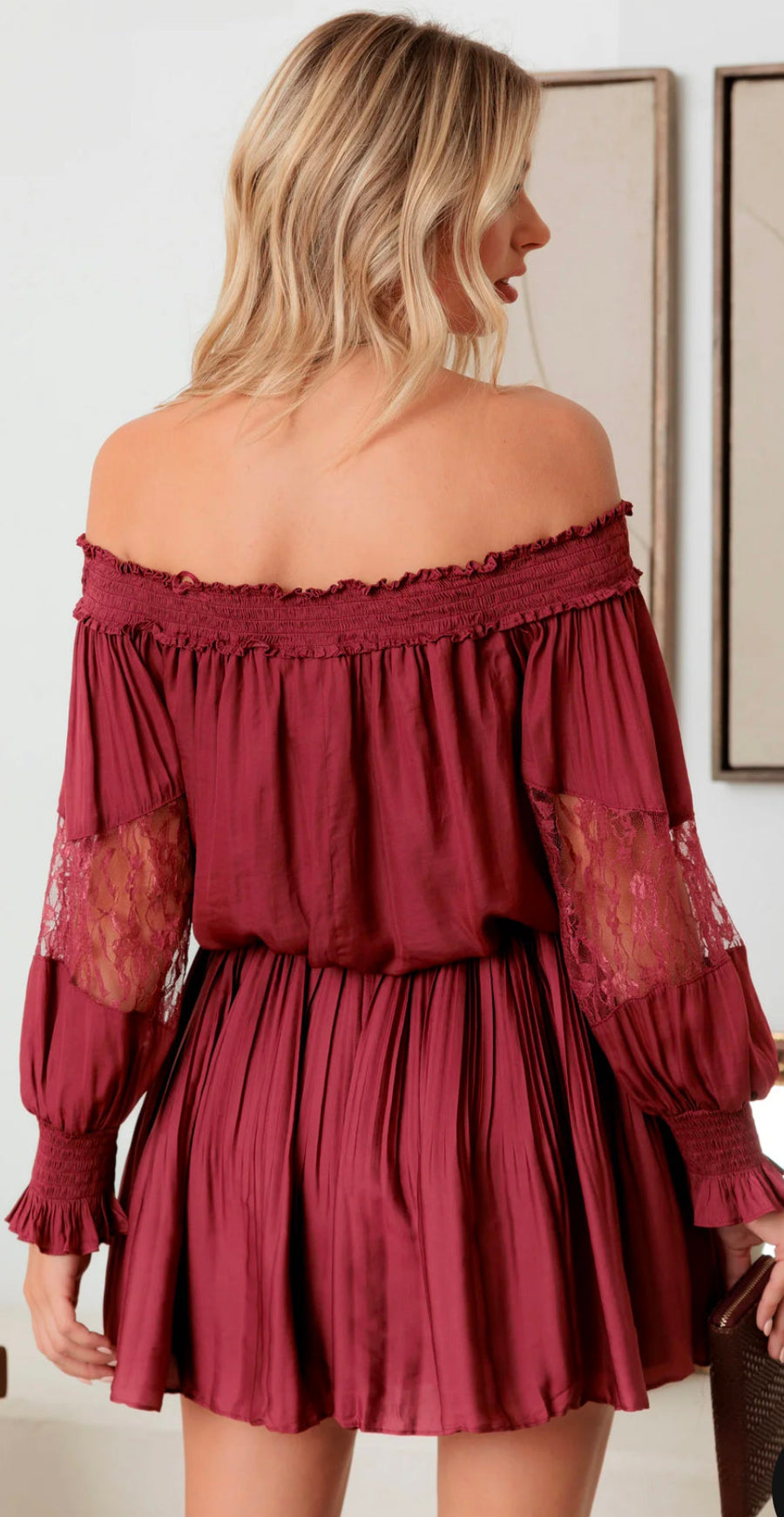 Smocked Off-Shoulder Lace Sleeve Mini Dress