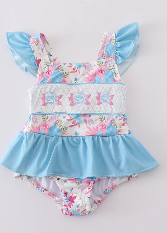 Blue floral embroidery one piece swimsuit
