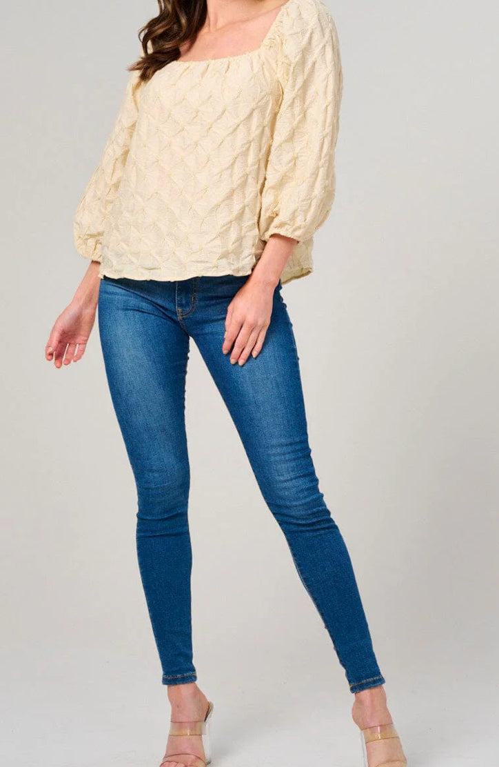 WOMEN'S 3/4 PUFF SLEEVE SQUARE NECK DETAILED BLOUSE