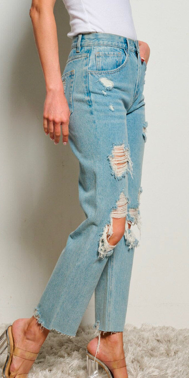 WOMEN'S BUTTON CLOSURE POCKETS WIDE LEG DISTRESS DENIM PANTS