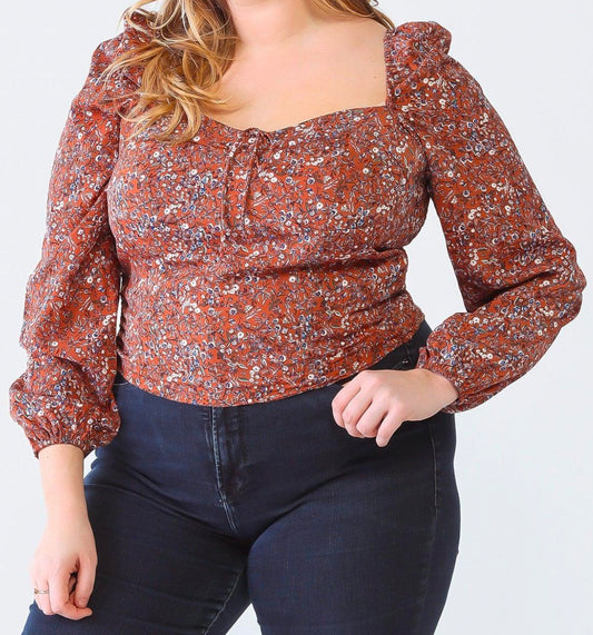 Plus Size Terracotta Floral Square Neck Smocked Top