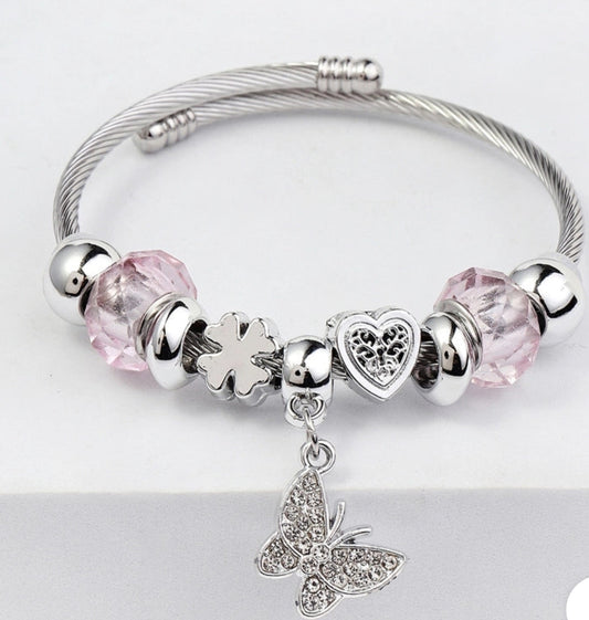 Heart shape butterfly stainless steel bangle pink