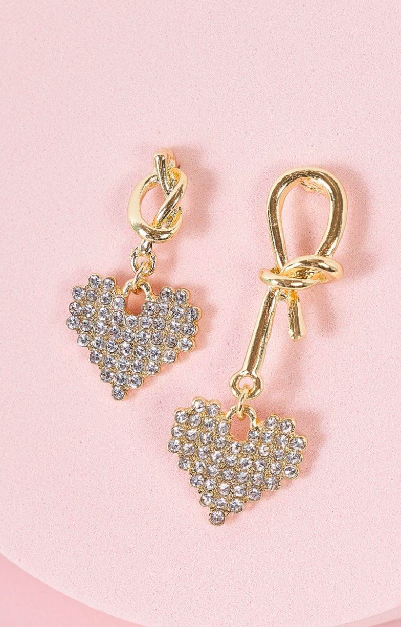 Asymmetrical Gold Rhinestone Heart Dangle Earrings