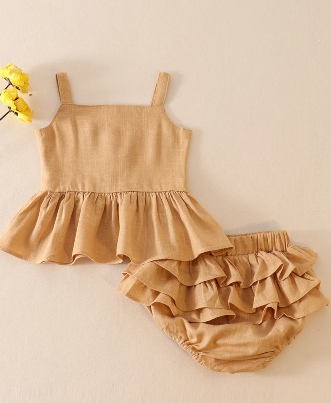 Beige 2 pc ruffle baby set
