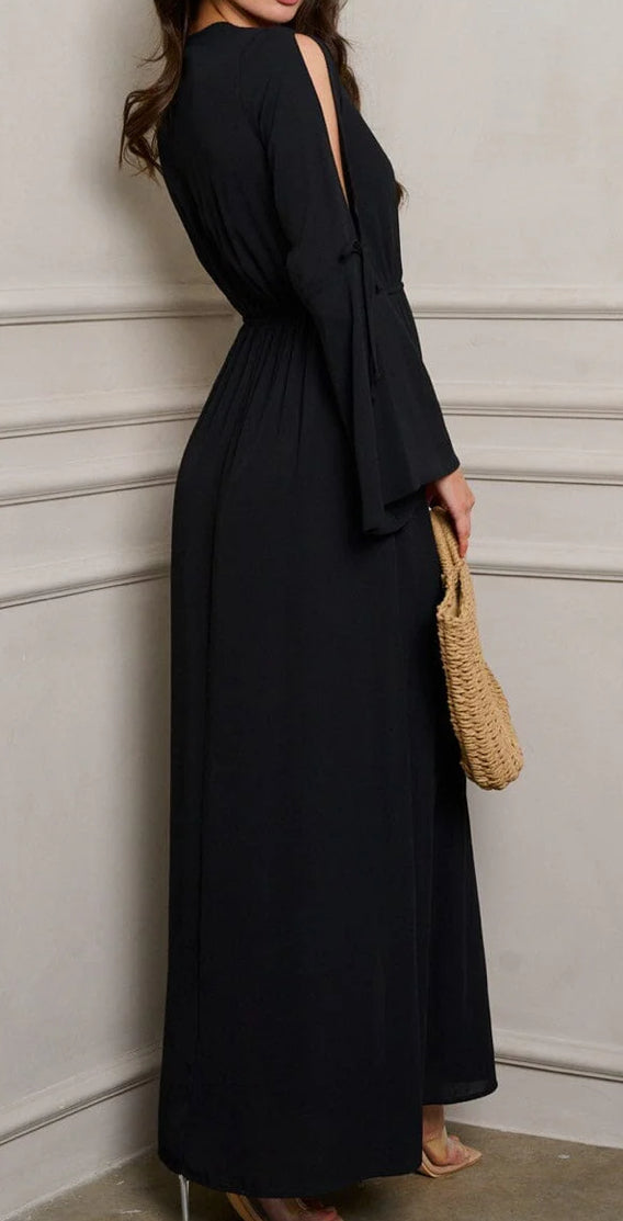 WOMEN'S LONG BELL SLEEVE SURPLICE FRONT SLIT MAXI DRESS
