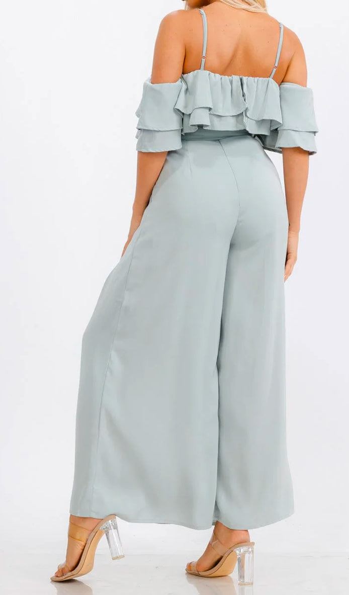 WOMEN'S OFF SHOULDER RUFFLE BELTED POCKETS WIDE LEG JUMPSUIT