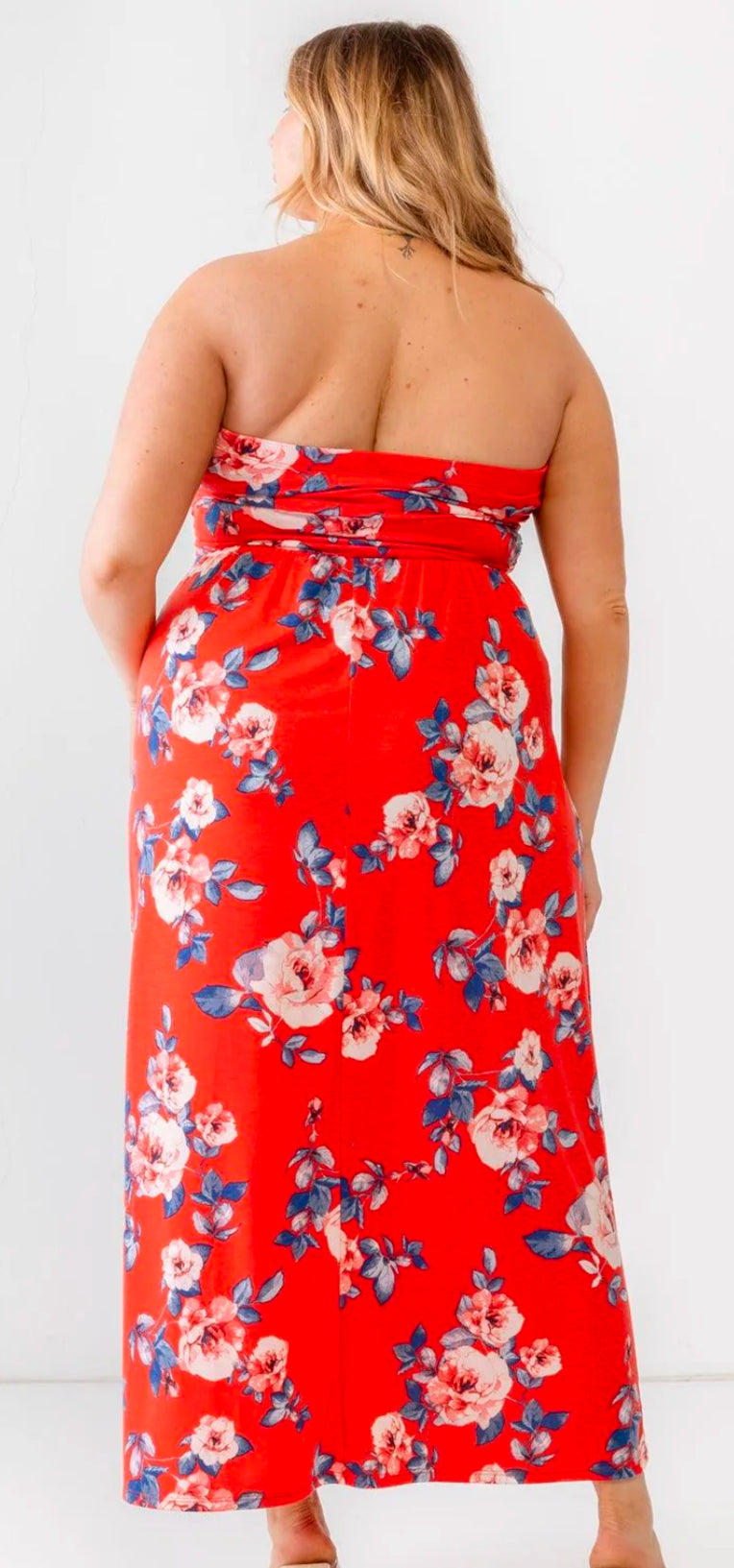 Plus Size Rose Flower Print Ruched Strapless Maxi Dress