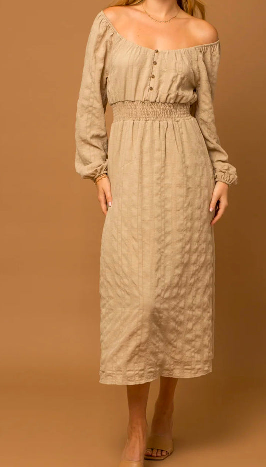 Boho Textured Long-Sleeve Smocked-Waist Maxi Dress