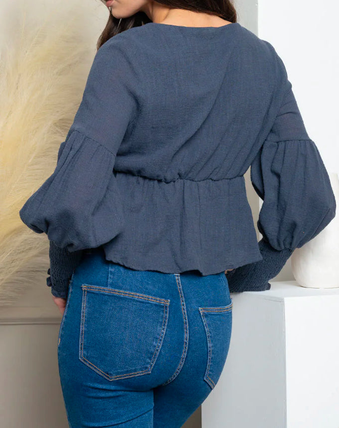 WOMEN'S LONG PUFF SLEEVE V-NECK PEPLUM BLOUSE