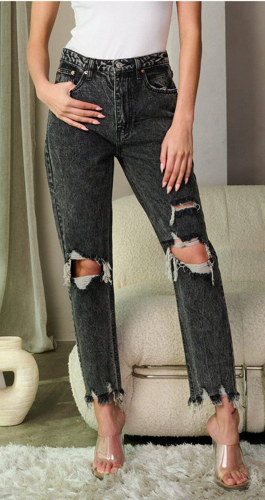 WOMEN'S BUTTON CLOSURE DISTRESS WASHED DENIM PANTS BLACK/GRAY