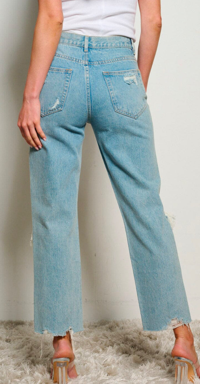 WOMEN'S BUTTON CLOSURE POCKETS WIDE LEG DISTRESS DENIM PANTS