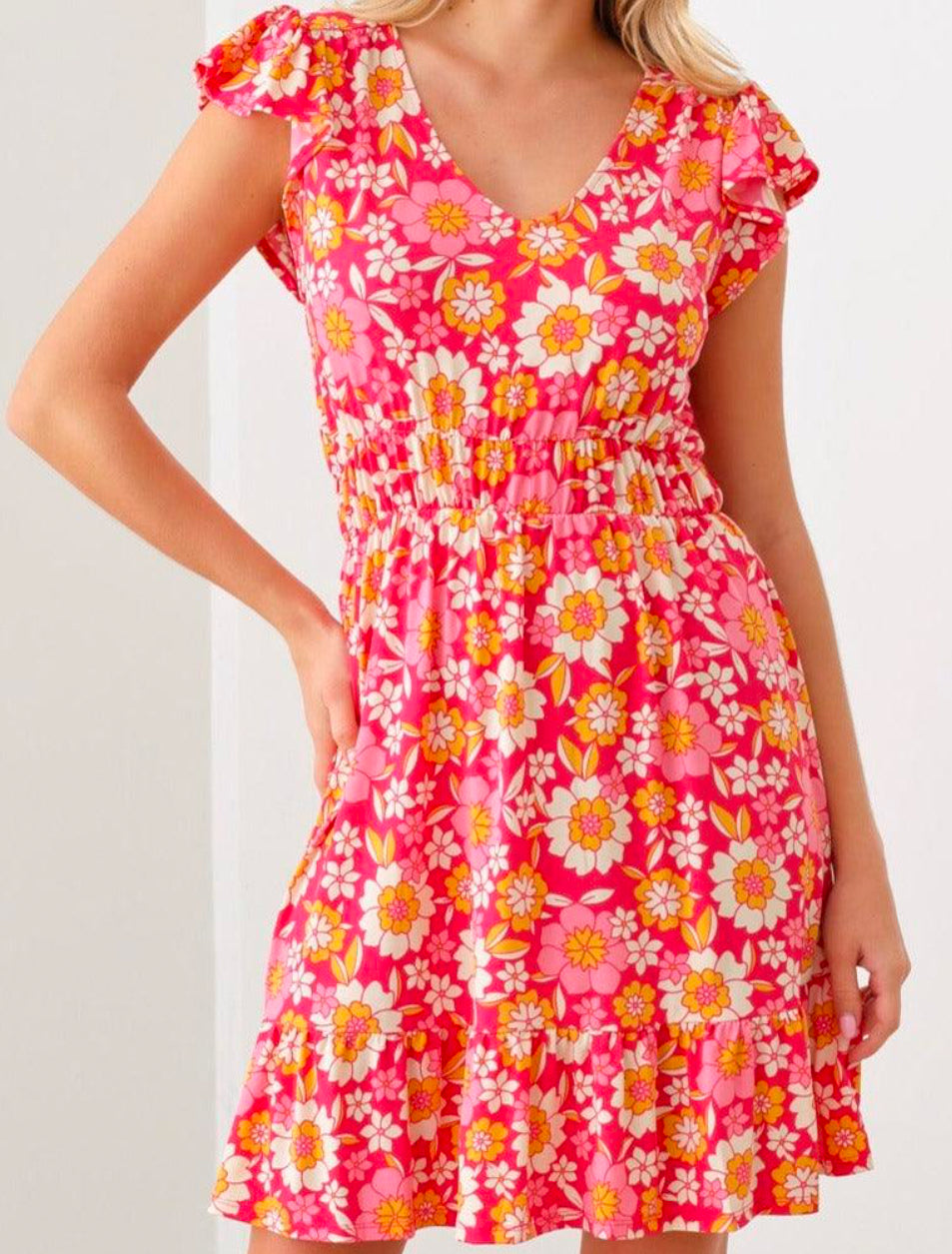 Floral Print Ruffle Cap Sleeves Babydoll Mini Dress