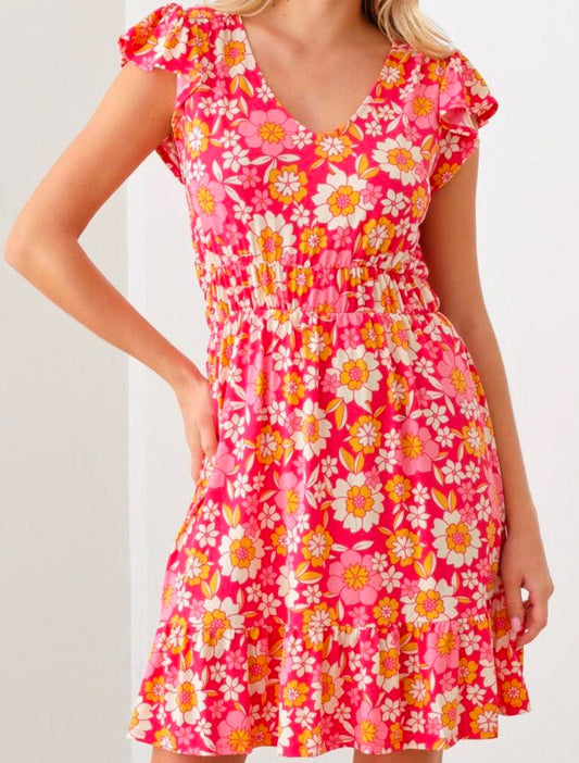 Floral Print Ruffle Cap Sleeves Babydoll Mini Dress