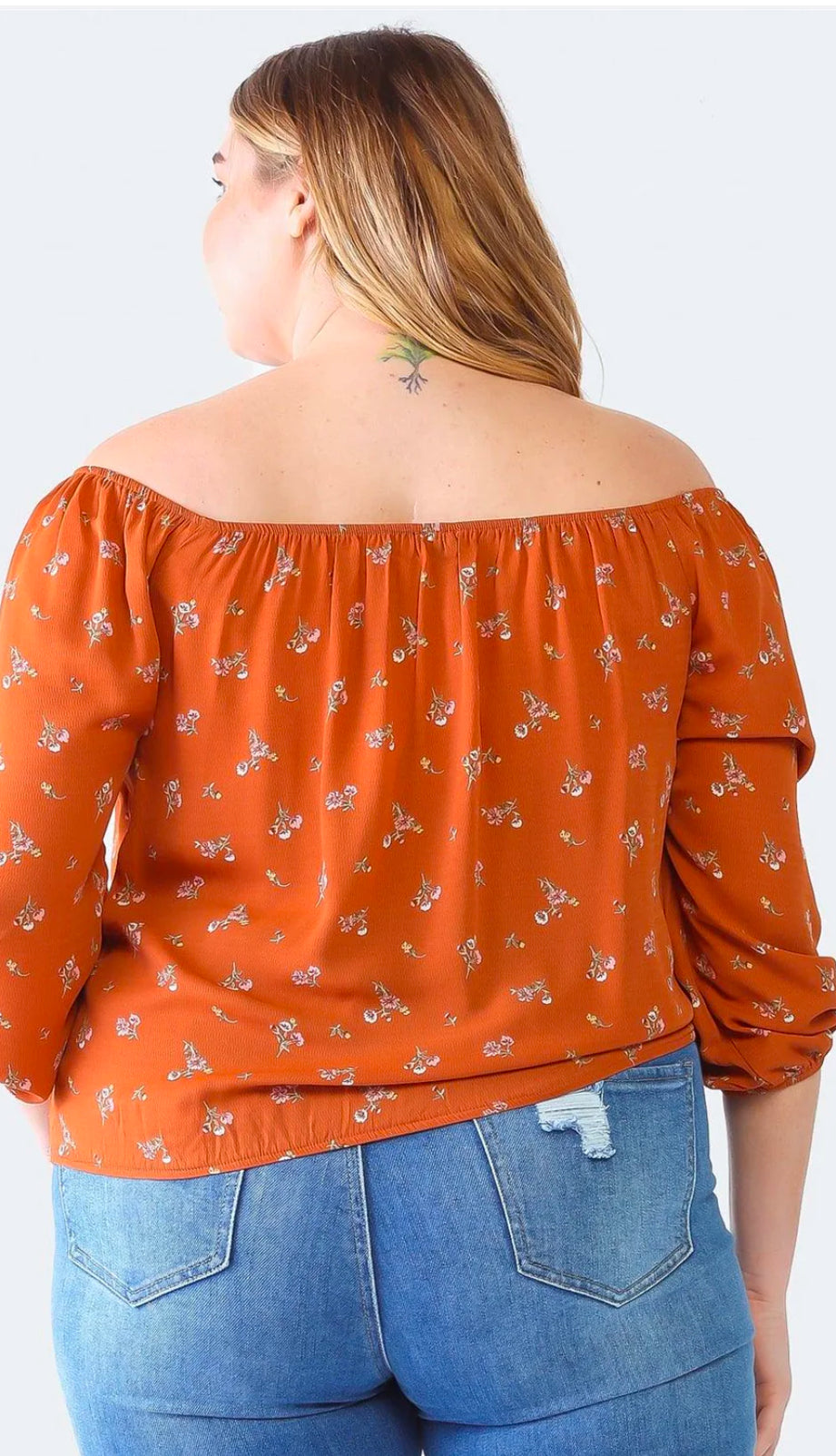 Plus Size Rust Floral Off-The-Shoulder Ruched Top