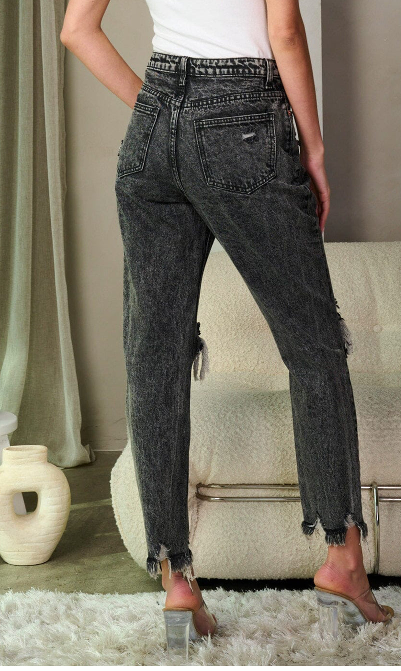 WOMEN'S BUTTON CLOSURE DISTRESS WASHED DENIM PANTS BLACK/GRAY
