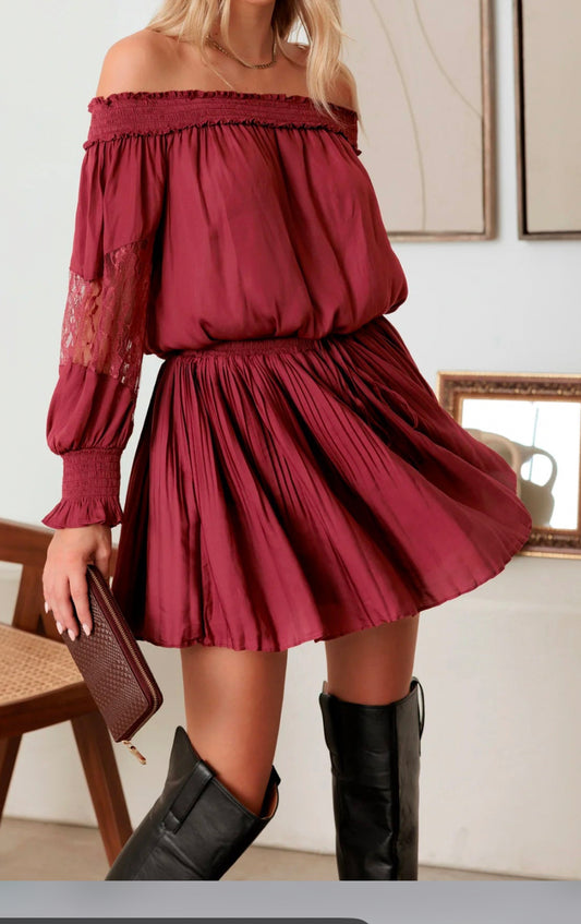 Smocked Off-Shoulder Lace Sleeve Mini Dress