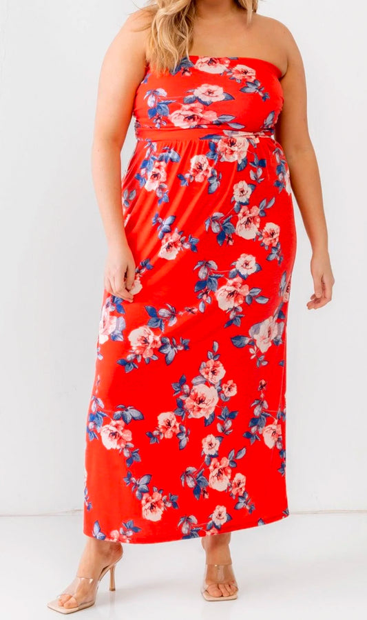 Plus Size Rose Flower Print Ruched Strapless Maxi Dress