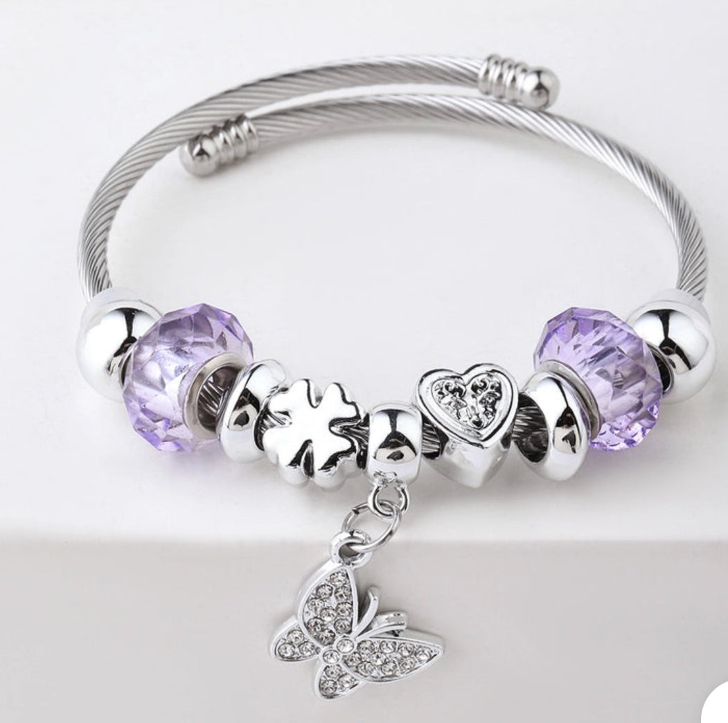 Heart shape butterfly stainless steel bangle purple