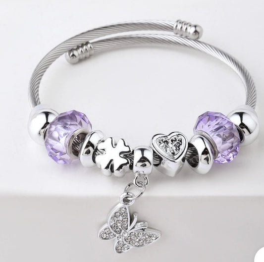 Heart shape butterfly stainless steel bangle purple