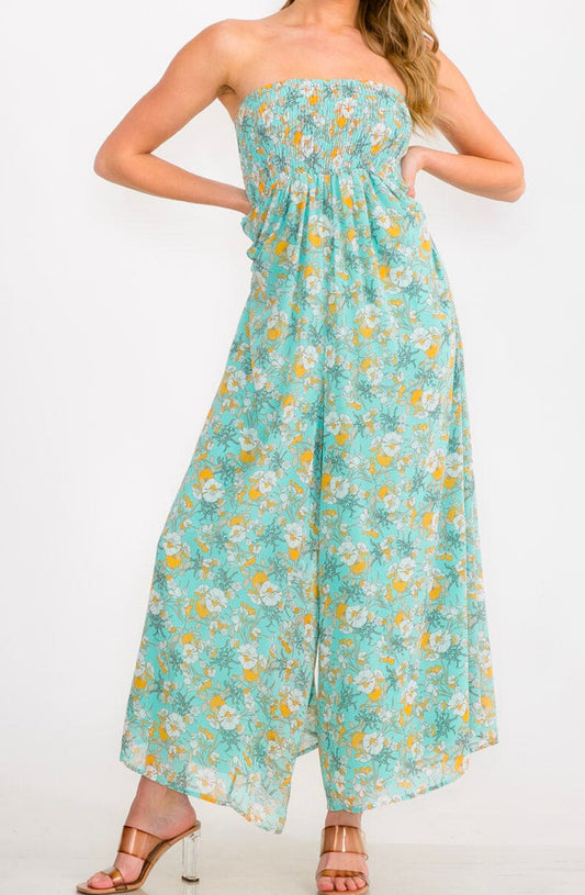 WOMEN'S SLEEVELESS FRONT POCKETS SMOCK WIDE LEG FLORAL JUMPSUIT
