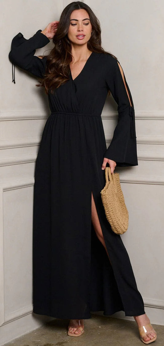 WOMEN'S LONG BELL SLEEVE SURPLICE FRONT SLIT MAXI DRESS