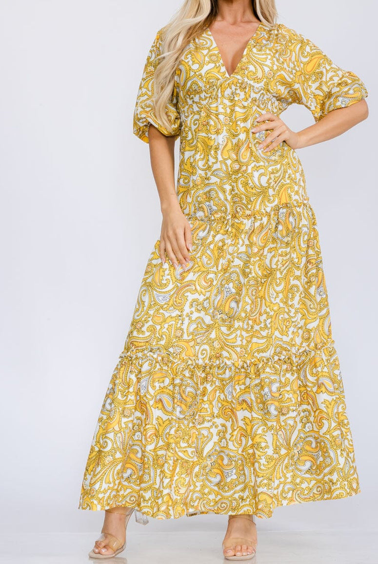 WOMEN'S SHORT SLEEVE V-NECK TIERED PAISLEY PRINT OPEN BACK MAXI DRESS