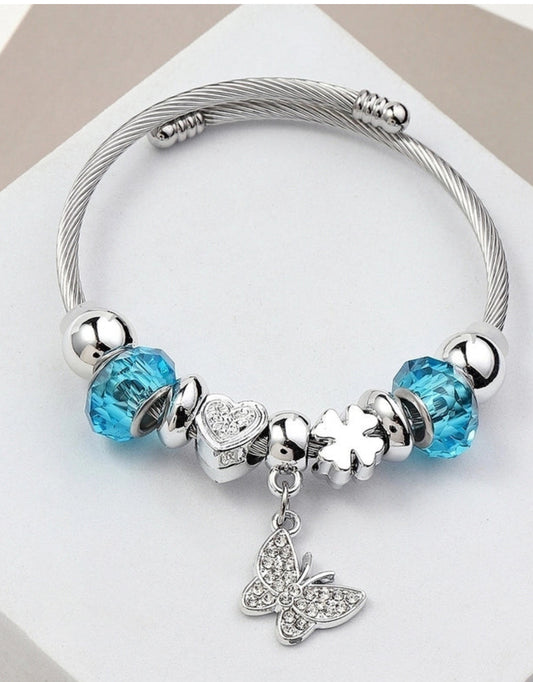 Heart shape stainless steel butterfly bangle blue