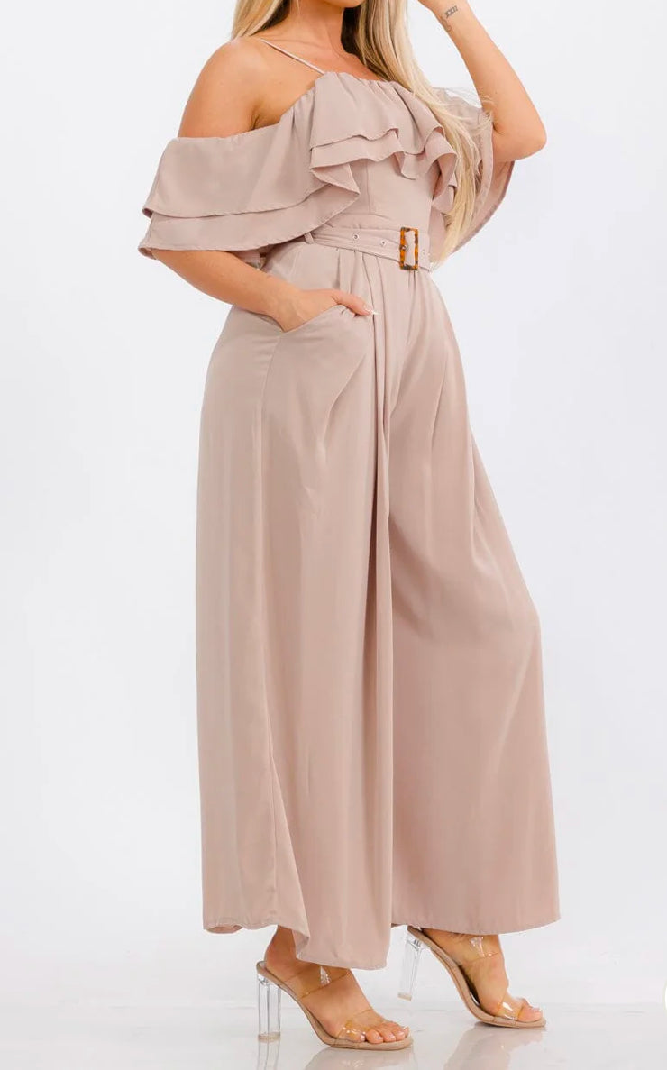 WOMEN'S OFF SHOULDER RUFFLE BELTED POCKETS WIDE LEG JUMPSUIT