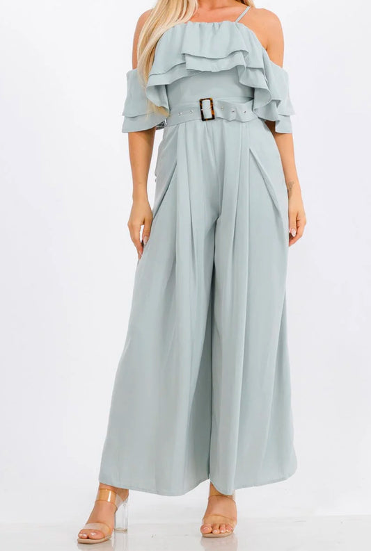 WOMEN'S OFF SHOULDER RUFFLE BELTED POCKETS WIDE LEG JUMPSUIT