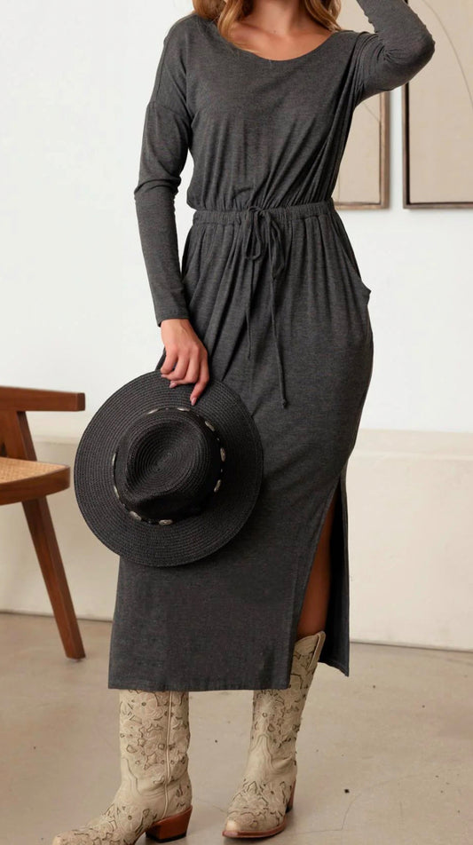 Belted Long Sleeve Side Slit Basic Maxi Dress