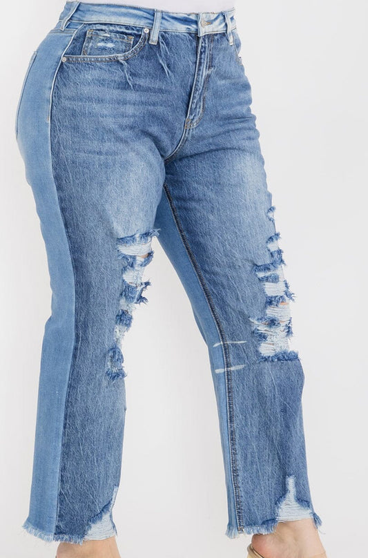 PLUS SIZE BUTTON CLOSURE POCKETS WIDE LEG DISTRESS DENIM PANTS