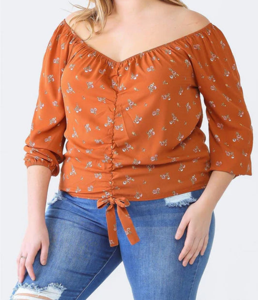 Plus Size Rust Floral Off-The-Shoulder Ruched Top