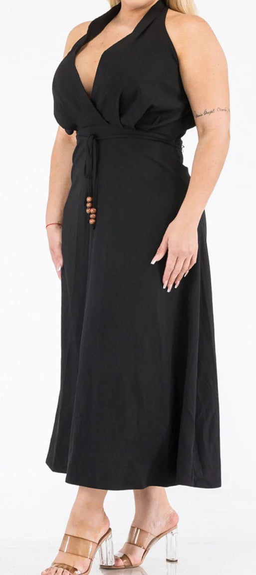 PLUS SIZESLEEVELESS V-NECK SURPLICE SELF TIE MAXI DRESS