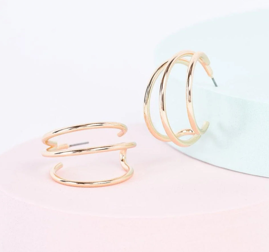 Gold Triple Thin Multi Circle Open Hoops Earrings