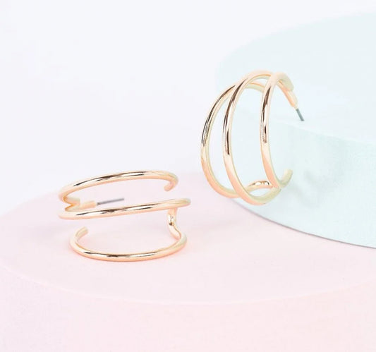 Gold Triple Thin Multi Circle Open Hoops Earrings