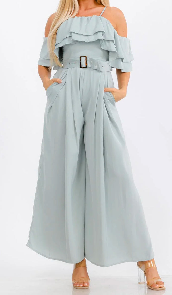 WOMEN'S OFF SHOULDER RUFFLE BELTED POCKETS WIDE LEG JUMPSUIT