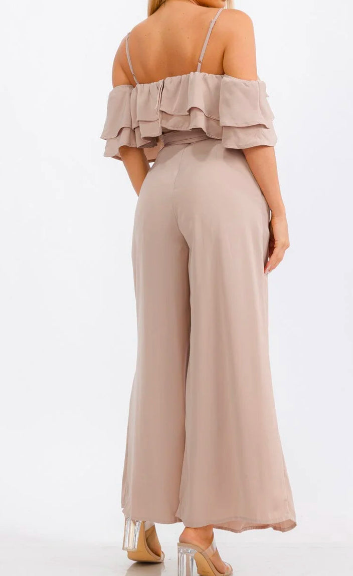 WOMEN'S OFF SHOULDER RUFFLE BELTED POCKETS WIDE LEG JUMPSUIT