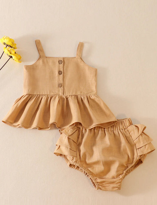 Beige 2 pc ruffle baby set