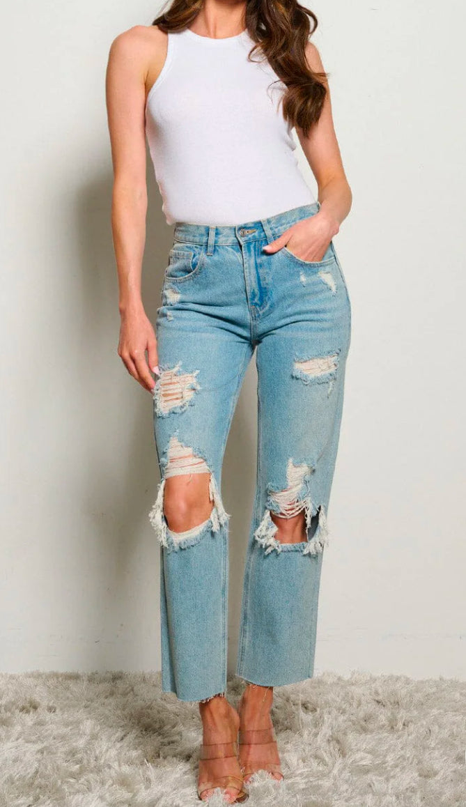 WOMEN'S BUTTON CLOSURE POCKETS WIDE LEG DISTRESS DENIM PANTS
