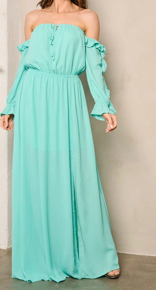 WOMEN'S OFF SHOULDER LONG SLEEVE ELASTIC WAIST MAXI DRESS