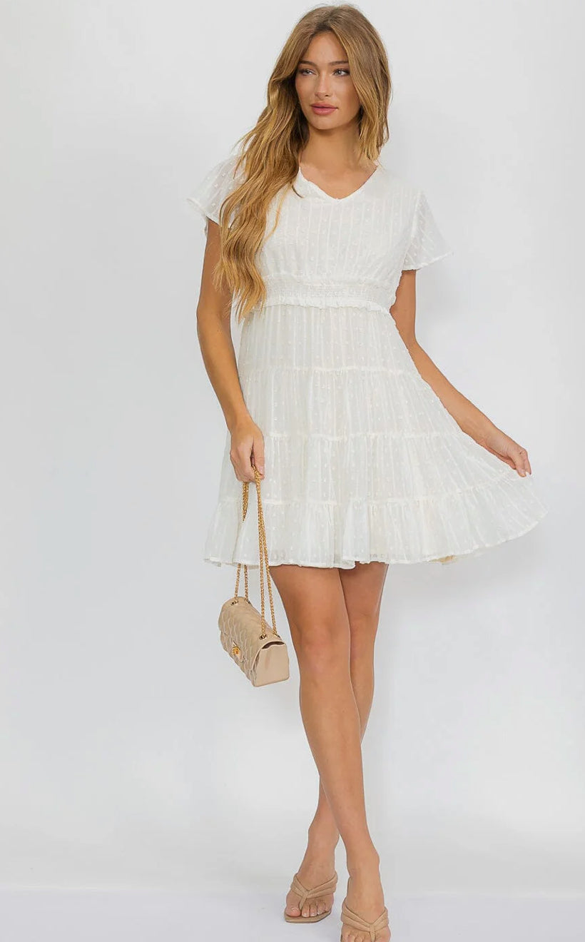 WOMEN'S SHORT SLEEVE V-NECK SMOCK WAIST SWISS DETAILED MINI DRESS