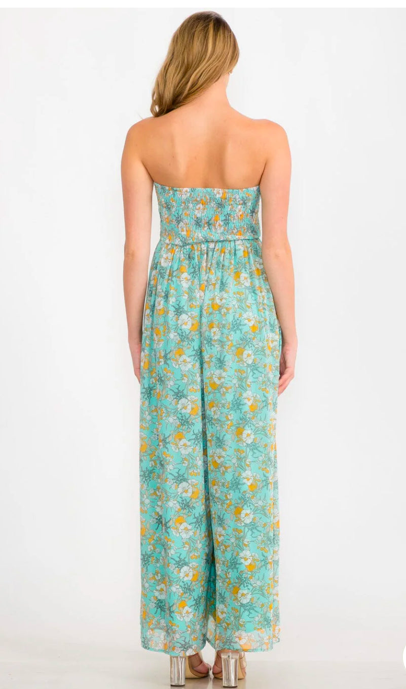 WOMEN'S SLEEVELESS FRONT POCKETS SMOCK WIDE LEG FLORAL JUMPSUIT
